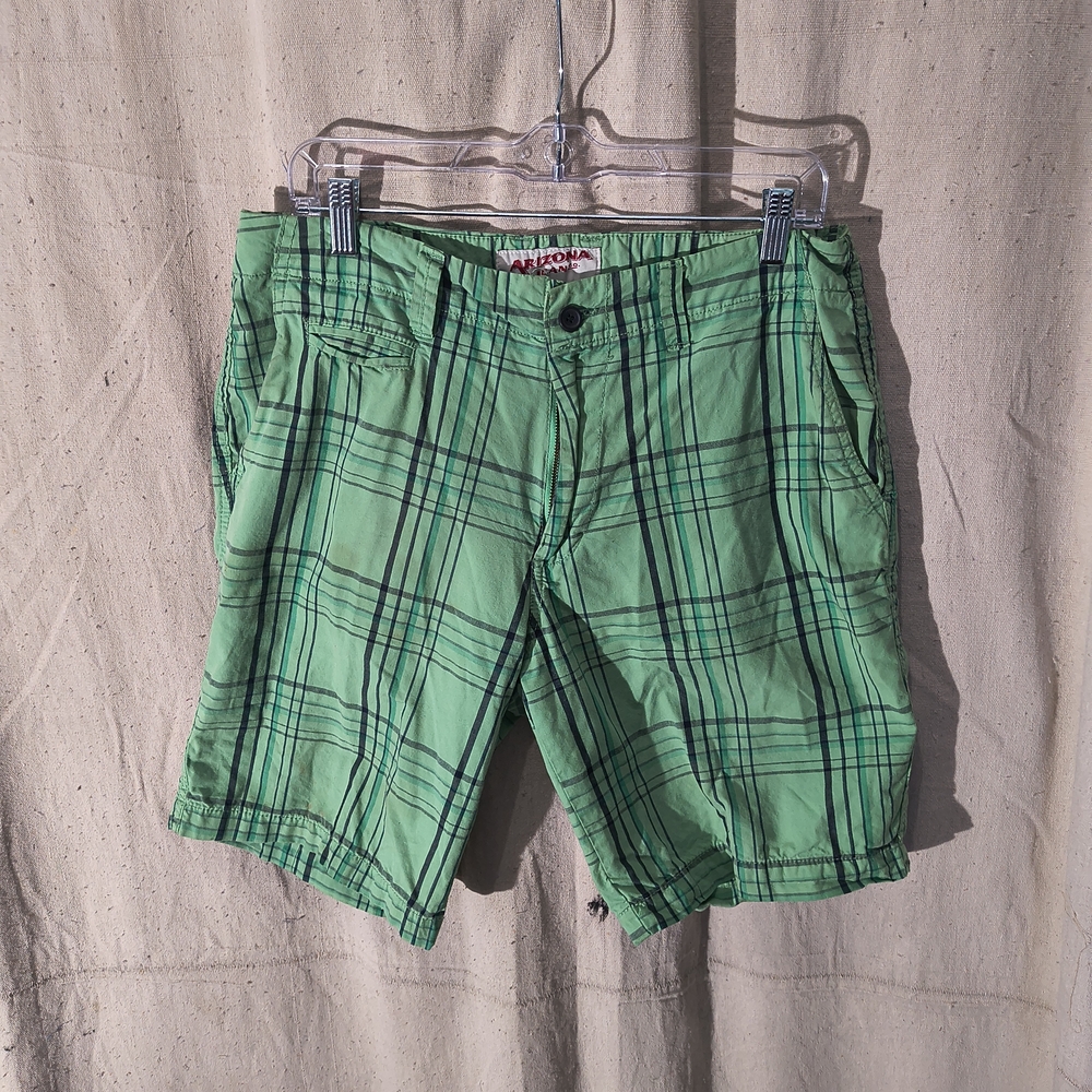 Men's Size 33" Green Plaid Flat Front Shorts By Arizona Jean Co